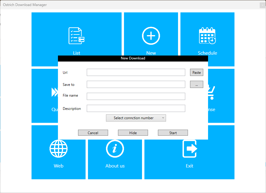 New download dialog in Ostrich Download Manager
